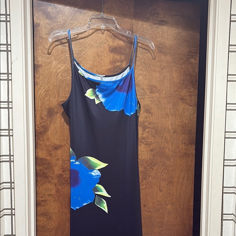 Long Black Dress with Blue Floral Design